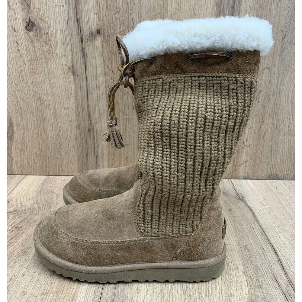 UGG AUSTRALIA Sock Boots Girls 3 Brown Suede Leather & Textile Fur String 5921